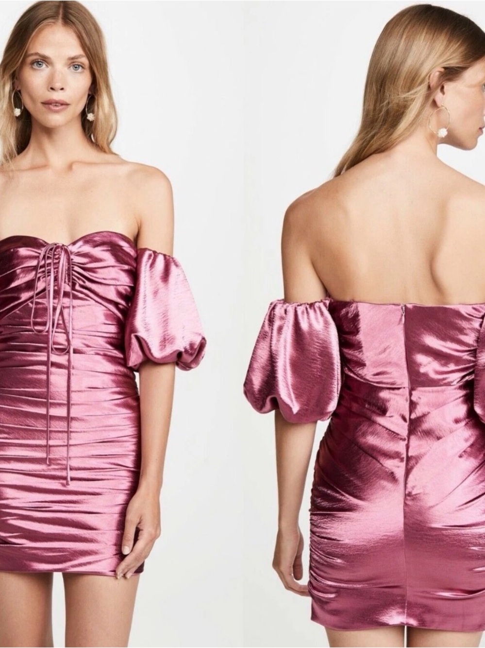 cinq a sept Rose Pink Satin Off-Shoulder Puff-Sleeve Mini Dress